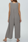 Casual Solid Pocket Buttons U Neck Loose Jumpsuits