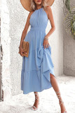 Elegant Solid Draw String Flounce Halter Waist Skirt Dresses