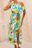 Elegant Floral Draw String Slit Oblique Collar Printed Dresses