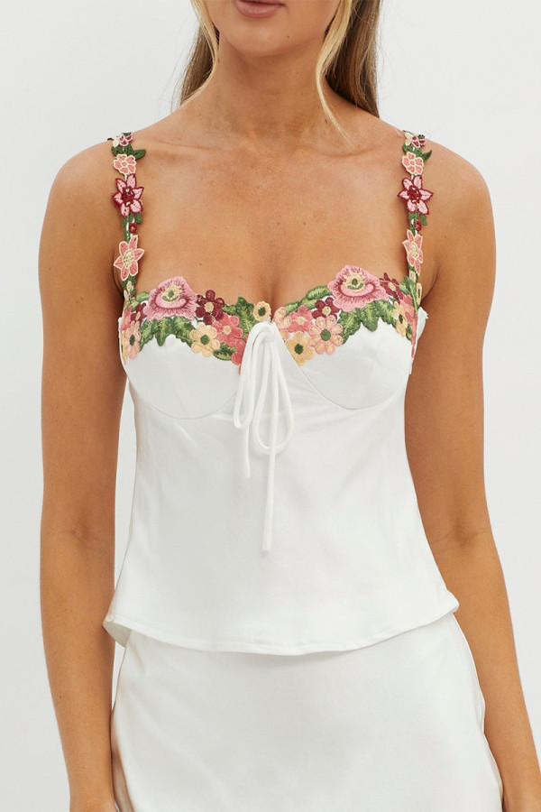 Sexy Flowers Embroidered With Bow V Neck Tops