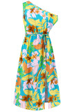 Elegant Floral Draw String Slit Oblique Collar Printed Dresses