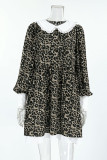 Vintage Elegant Leopard Patchwork Flounce Peter Pan Collar A Line Dresses