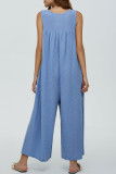 Casual Solid Pocket Buttons U Neck Loose Jumpsuits