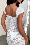 Sexy Solid Lace See-through V Neck Wrapped Skirt Dresses