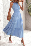 Elegant Solid Draw String Flounce Halter Waist Skirt Dresses