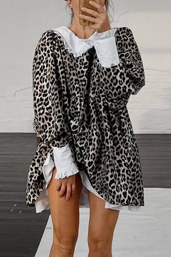 Vintage Elegant Leopard Patchwork Flounce Peter Pan Collar A Line Dresses