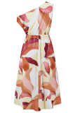 Elegant Floral Draw String Slit Oblique Collar Printed Dresses