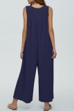 Casual Solid Pocket Buttons U Neck Loose Jumpsuits