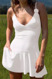 Sexy Solid Hook Flower Patchwork V Neck Sling Dresses