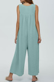 Casual Solid Pocket Buttons U Neck Loose Jumpsuits
