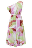 Elegant Floral Draw String Slit Oblique Collar Printed Dresses