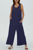 Casual Solid Pocket Buttons U Neck Loose Jumpsuits