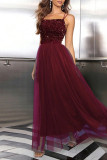 Sexy Celebrities Solid Sequins Frenulum Backless Slit U Neck Princess Dresses