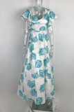 Elegant Print Flowers Flounce V Neck A Line Dresses