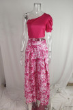 Elegant Floral Patchwork Pocket Oblique Collar Short Sleeve Two Pieces