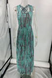 Bohemian Vacation Geometric Print Backless Halter One Step Skirt Dresses