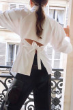 Casual Solid Hollowed Out Pocket Frenulum Backless Turndown Collar Tops