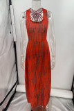 Bohemian Vacation Geometric Print Backless Halter One Step Skirt Dresses