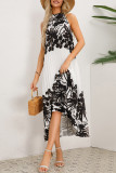 Vintage Vacation Print Frenulum Halter Pleated Dresses