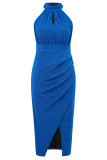 Sexy Solid Bronzing Fold Sequined Halter Wrapped Skirt Dresses