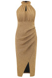 Sexy Solid Bronzing Fold Sequined Halter Wrapped Skirt Dresses