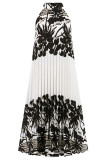 Vintage Vacation Print Frenulum Halter Pleated Dresses