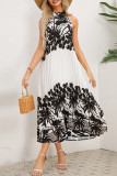 Vintage Vacation Print Frenulum Halter Pleated Dresses