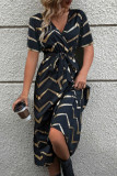 Vintage Elegant Striped Bronzing Bandage V Neck A Line Short Sleeve Dress