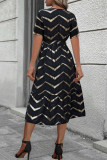 Vintage Elegant Striped Bronzing Bandage V Neck A Line Short Sleeve Dress