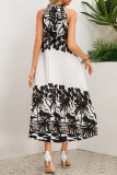 Vintage Vacation Print Frenulum Halter Pleated Dresses