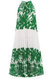 Vintage Vacation Print Frenulum Halter Pleated Dresses