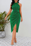 Sexy Solid Bronzing Fold Sequined Halter Wrapped Skirt Dresses