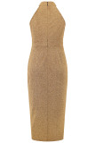 Sexy Solid Bronzing Fold Sequined Halter Wrapped Skirt Dresses