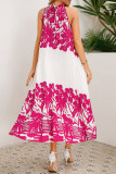 Vintage Vacation Print Frenulum Halter Pleated Dresses