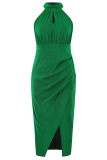 Sexy Solid Bronzing Fold Sequined Halter Wrapped Skirt Dresses