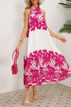 Vintage Vacation Print Frenulum Halter Pleated Dresses