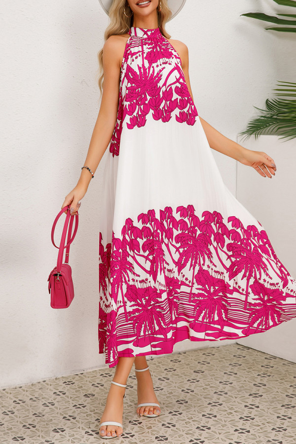 Vintage Vacation Print Frenulum Halter Pleated Dresses