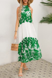 Vintage Vacation Print Frenulum Halter Pleated Dresses
