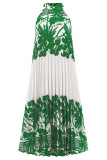 Vintage Vacation Print Frenulum Halter Pleated Dresses