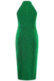 Sexy Solid Bronzing Fold Sequined Halter Wrapped Skirt Dresses