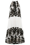 Vintage Vacation Print Frenulum Halter Pleated Dresses