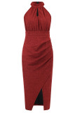Sexy Solid Bronzing Fold Sequined Halter Wrapped Skirt Dresses