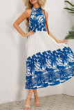 Vintage Vacation Print Frenulum Halter Pleated Dresses