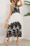 Vintage Vacation Print Frenulum Halter Pleated Dresses