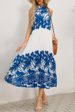 Vintage Vacation Print Frenulum Halter Pleated Dresses