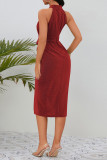 Sexy Solid Bronzing Fold Sequined Halter Wrapped Skirt Dresses