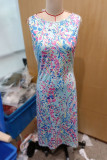 Casual Vacation Geometric Print Contrast O Neck One Step Skirt Dresses