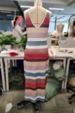 Casual Vacation Striped Print Contrast O Neck One Step Skirt Dresses