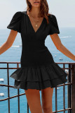 Sexy Solid Frenulum Backless V Neck Cake Skirt Dresses