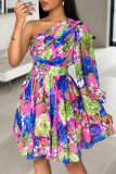 Vintage Elegant Geometric Print Contrast Oblique Collar Waist Skirt Dresses